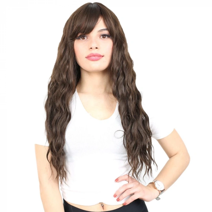 Perçemli Uzun Su Dalgası Fiber Sentetik Peruk/ Açık Kahve