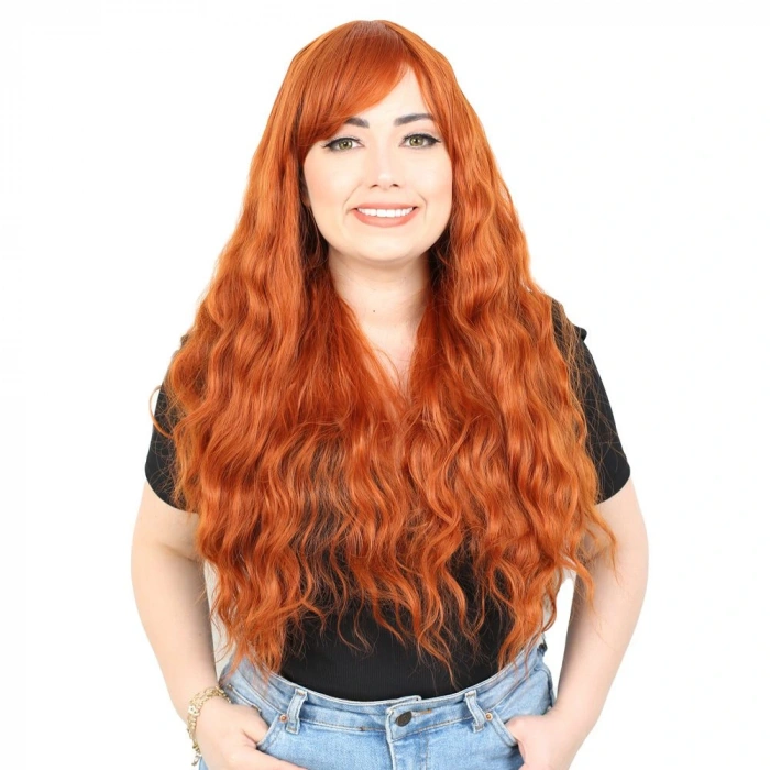 Perçemli Uzun Su Dalgası Fiber Sentetik Peruk/ Bakır