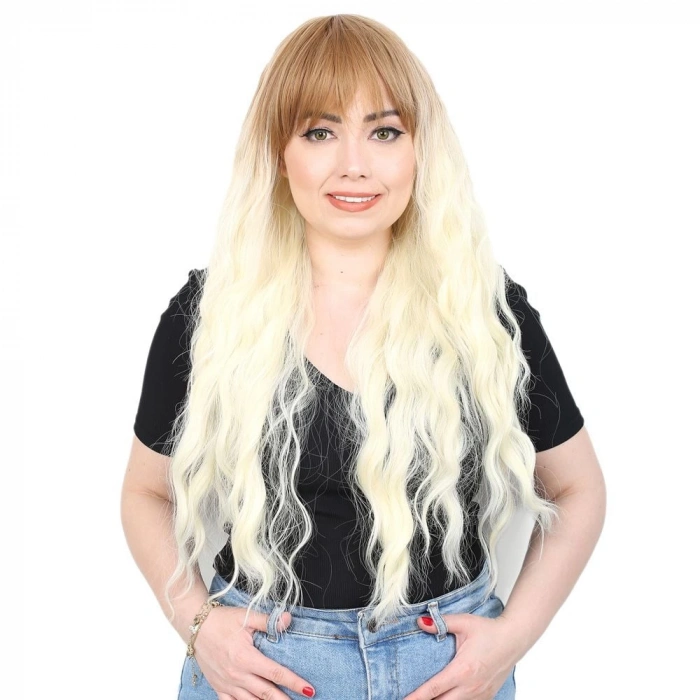 Perçemli Uzun Su Dalgası Fiber Sentetik Peruk / Balköpüğü / Platin Kısa Ombreli