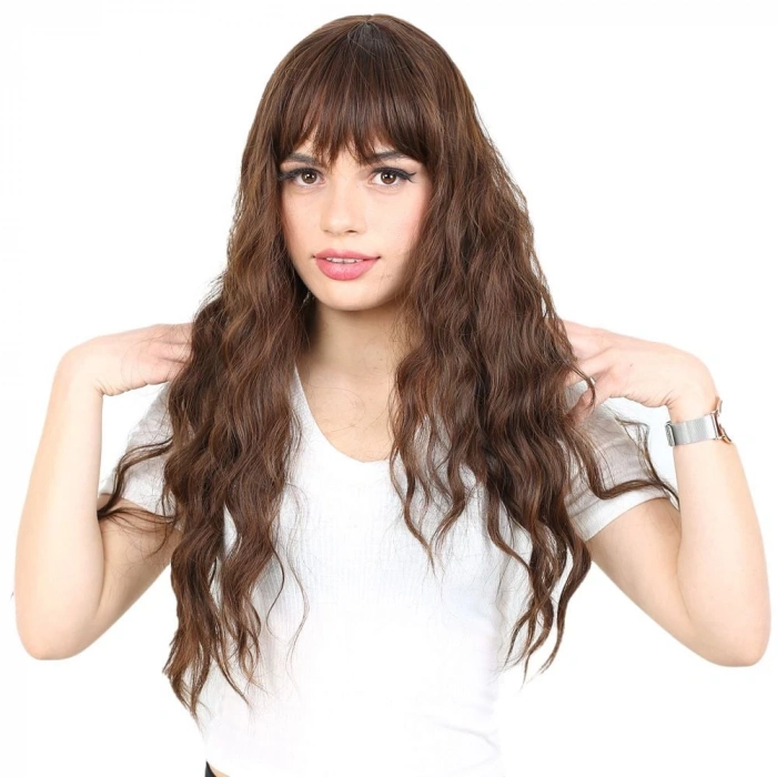 Perçemli Uzun Su Dalgası Fiber Sentetik Peruk/ Kahve Karamel