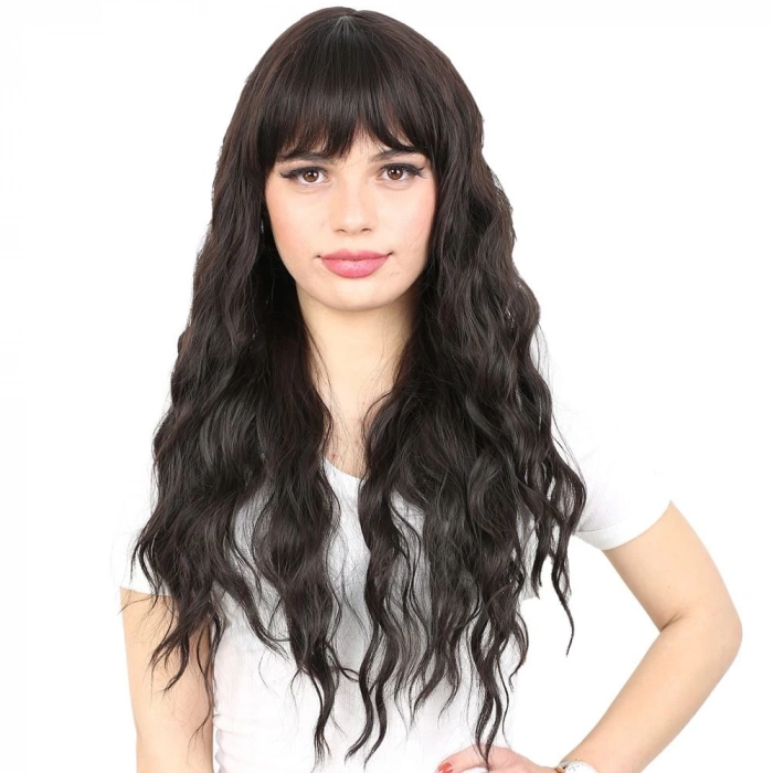 Perçemli Uzun Su Dalgası Fiber Sentetik Peruk/ Kahverengi