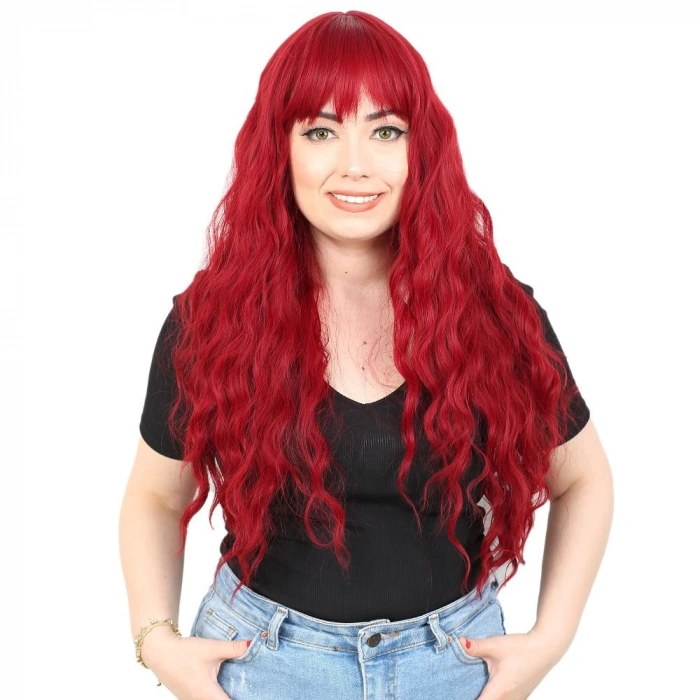 Perçemli Uzun Su Dalgası Fiber Sentetik Peruk / Kızıl