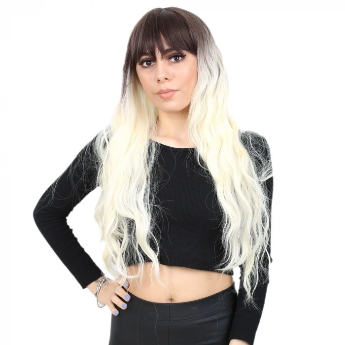 Perçemli Uzun Su Dalgası Fiber Sentetik Peruk / Küllü Açık Kahve / Platin Ombreli