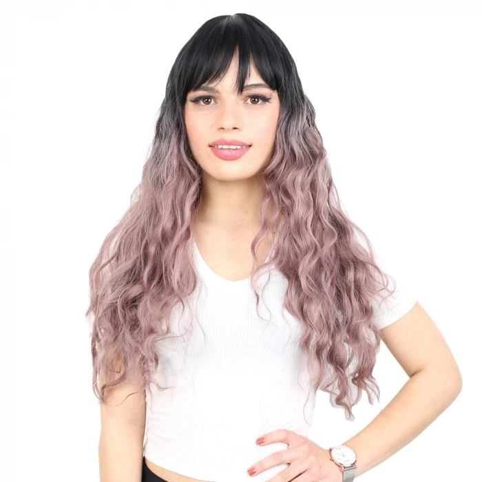 Perçemli Uzun Su Dalgası Fiber Sentetik Peruk/ Siyah / Gül Kurusu Ombreli