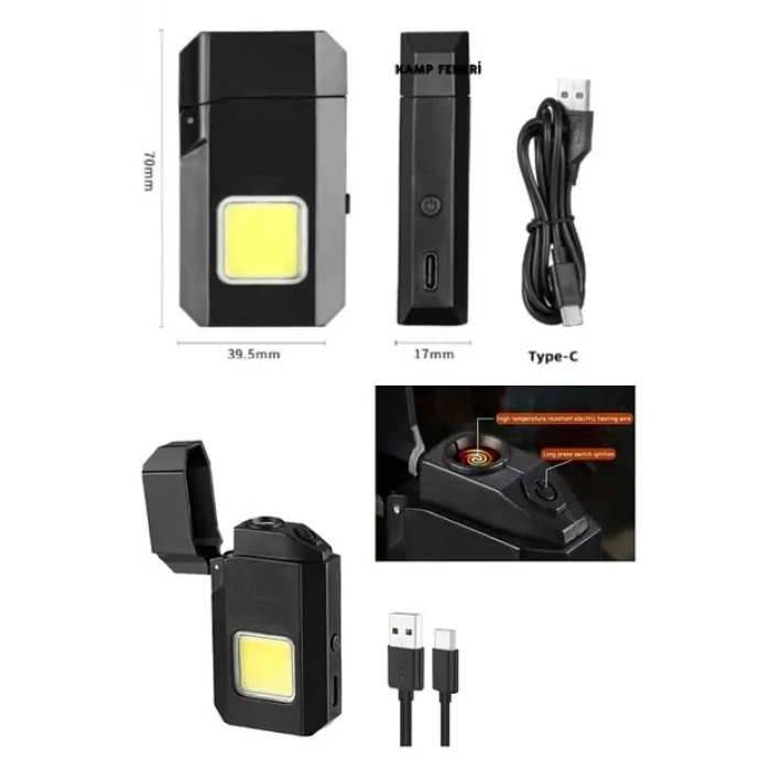 Projektör El Feneri ve Pürmüz Çakmak USB Gazsız Şarjlı Çakmak 600 Lümen