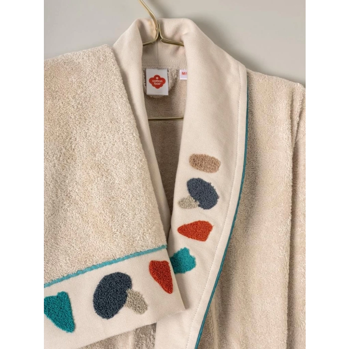 Puff Nakışlı Aile Bornoz Seti Gaja Bej-Petrol