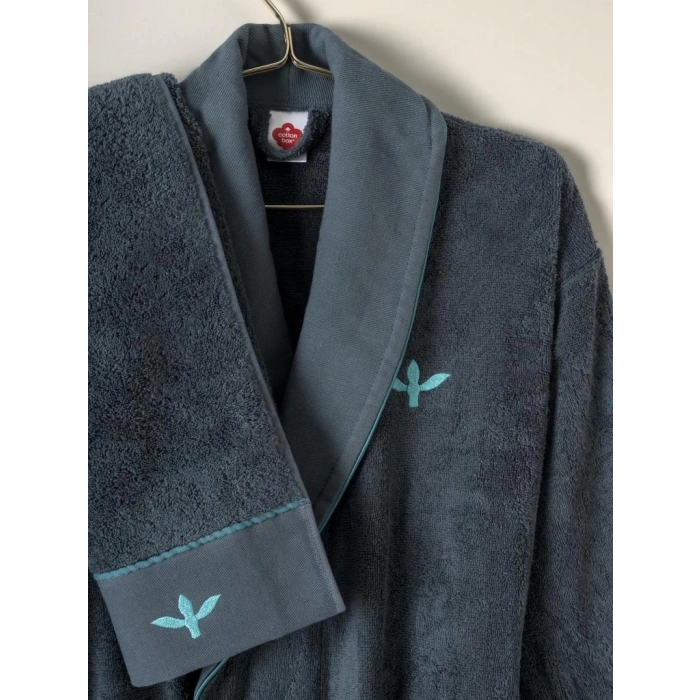 Puff Nakışlı Aile Bornoz Seti Gaja Bej-Petrol