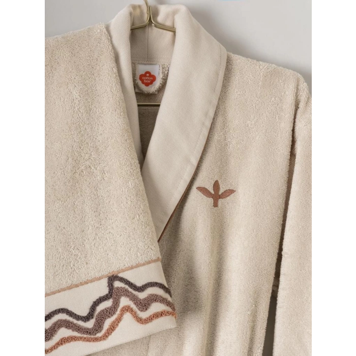 Puff Nakışlı Aile Bornoz Seti Molende Bej-Antrasit