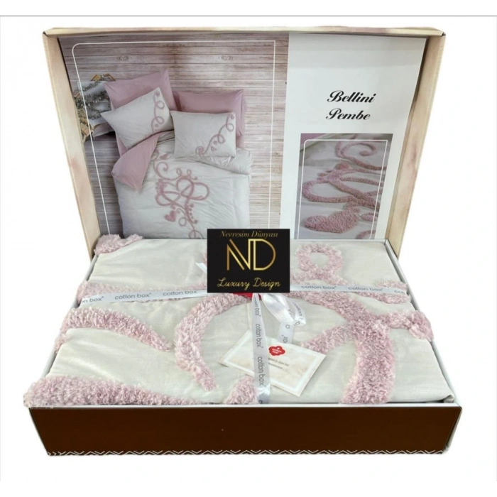 Puff Nakışlı Ranforce Çift Kişilik Anneler Günü Nev Takımı Bellini Pembe