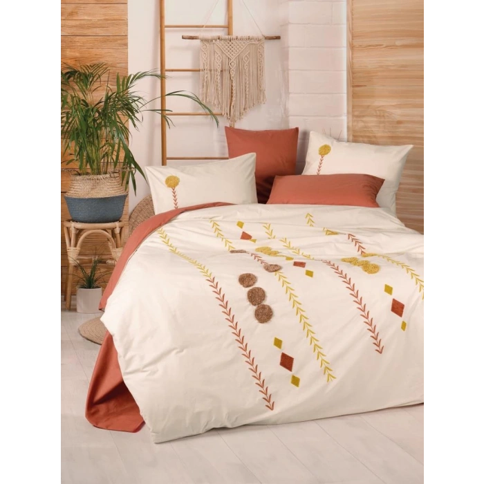 Puff Nakışlı Ranforce Çift Kişilik Nev Takımı Amaris Kiremit