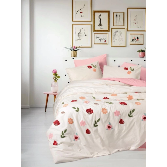 Puff Nakışlı Ranforce Çift Kişilik Nev Takımı Blossom Somon