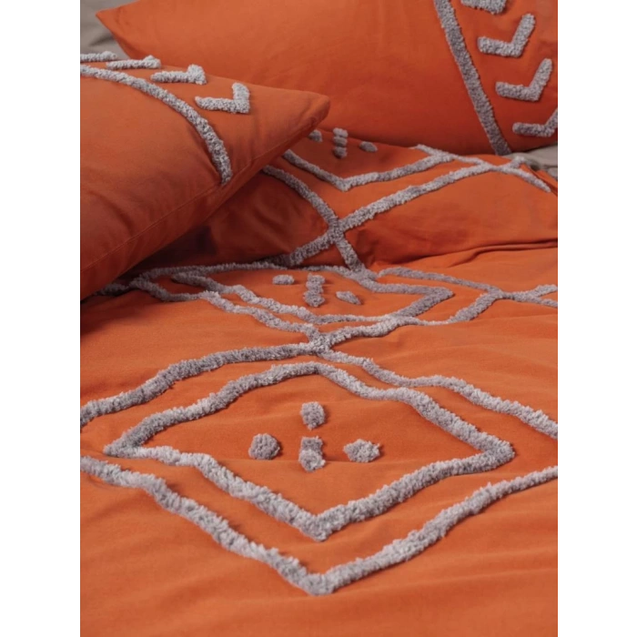 Puff Nakışlı Ranforce Çift Kişilik Nev Takımı Lia Kiremit Bej