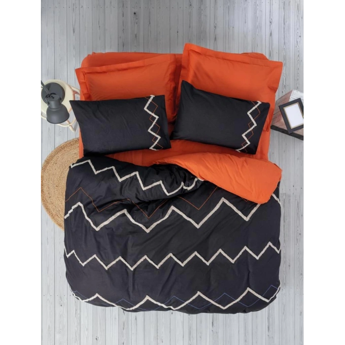 Puff Nakışlı Ranforce Çift Kişilik Nev Takımı Mirely Siyah Kiremit