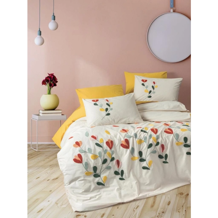 Puff Nakışlı Ranforce Çift Kişilik Nev Takımı Nella Hardal