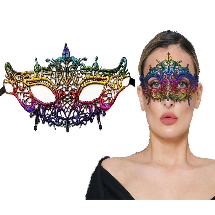 Rengarenk Dantel Kesim Dantel İşlemeli B Parti Maskesi Gökkuşağı