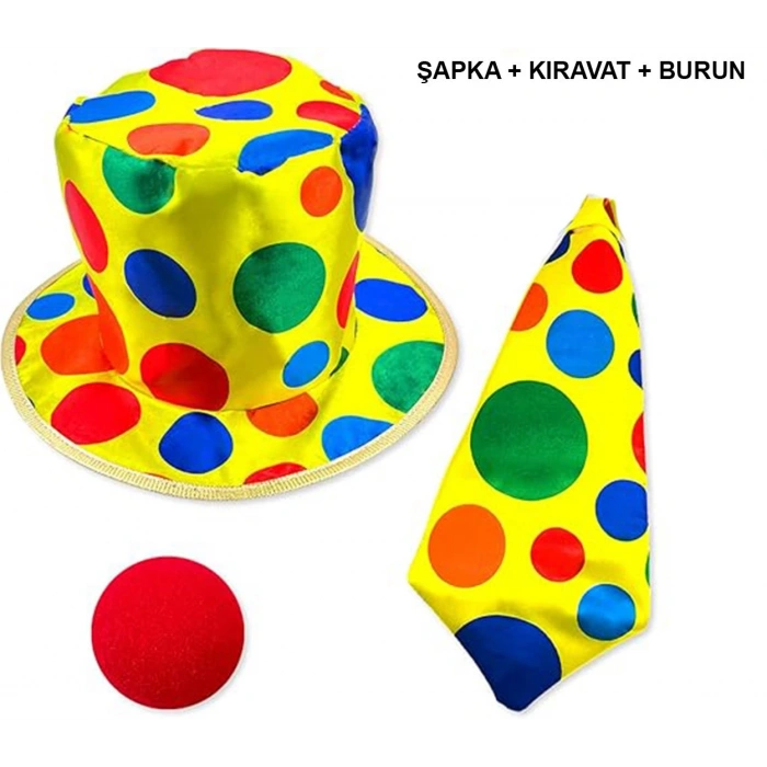Renkli Palyaço Kostüm Seti – 3 Parça Aksesuar (Şapka, Kravat, B)