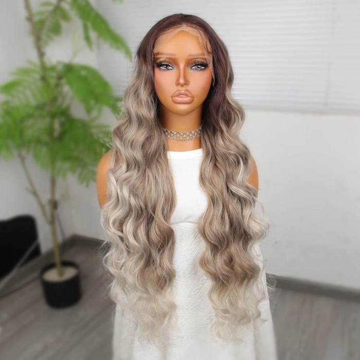 Rus Kumralı Beyaz Platin Ombreli Işıltılı Ekstra Uzun Fiber Sentetik Dalgalı Tül Peruk