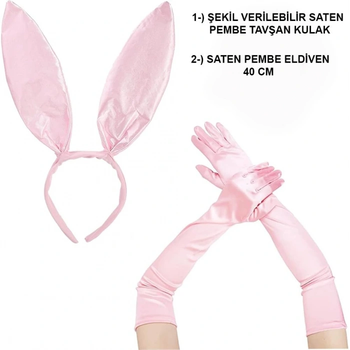Saten Kaplama Soft Pembe Eldiven 40 cm ve Tavşan Kulak 2 li Set