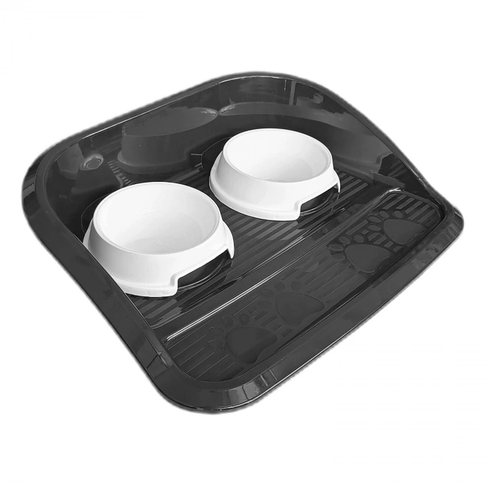 Servis Tepsili Plastik İkili Kedi Köpek  Ve Su Kabı 35x46 cm Siyah-Beyaz