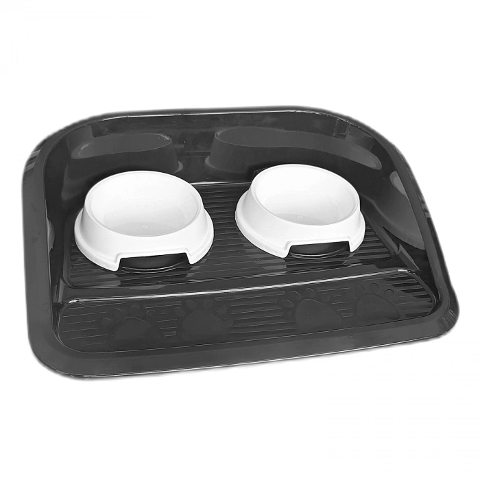 Servis Tepsili Plastik İkili Kedi Köpek  Ve Su Kabı 35x46 cm Siyah-Beyaz