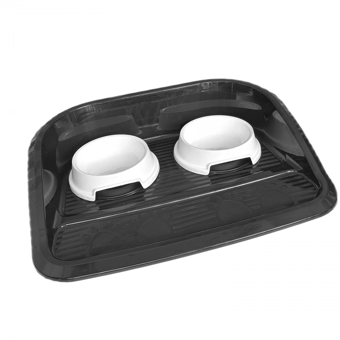 Servis Tepsili Plastik İkili Kedi Köpek  Ve Su Kabı 35x46 cm Siyah-Beyaz