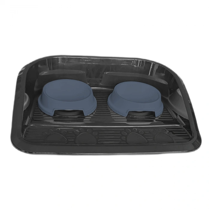Servis Tepsili Plastik İkili Kedi Köpek  Ve Su Kabı 35x46 cm Siyah-Mavi