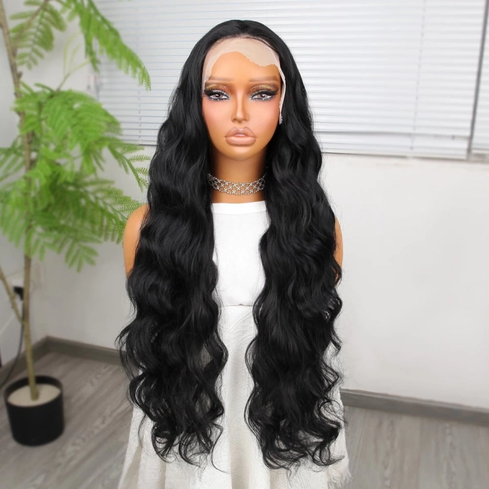 Siyah Ekstra Uzun Fiber Sentetik Dalgalı Tül Peruk