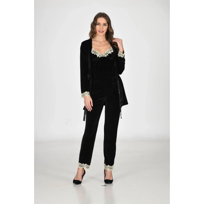 Siyah Kadife Sabahlık & Gecelik Takım 3 Lü