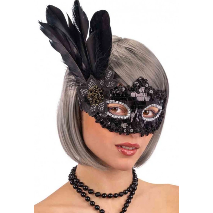 Siyah Payetli Pullu Siyah Renk Yandan Tüylü Parti Maskesi 18x22 cm