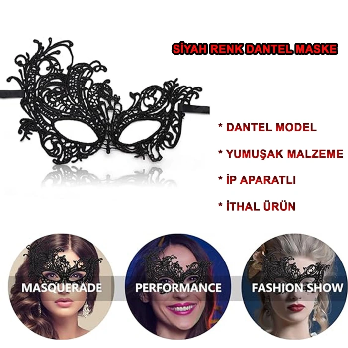 Siyah Renk Dantel Kesim Dantel İşlemeli B Parti Maskesi 1 No