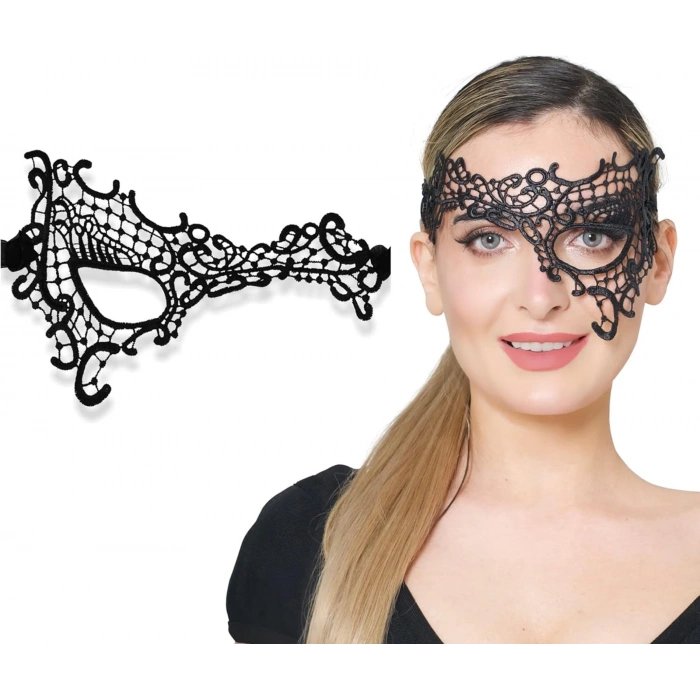 Siyah Renk Dantel Kesim Dantel İşlemeli B Parti Maskesi 13 No