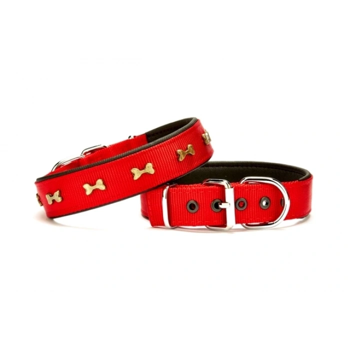 Softlu Metal Kemik Desenli Köpek Tasma 3 cm x 65 cm Kırmızı