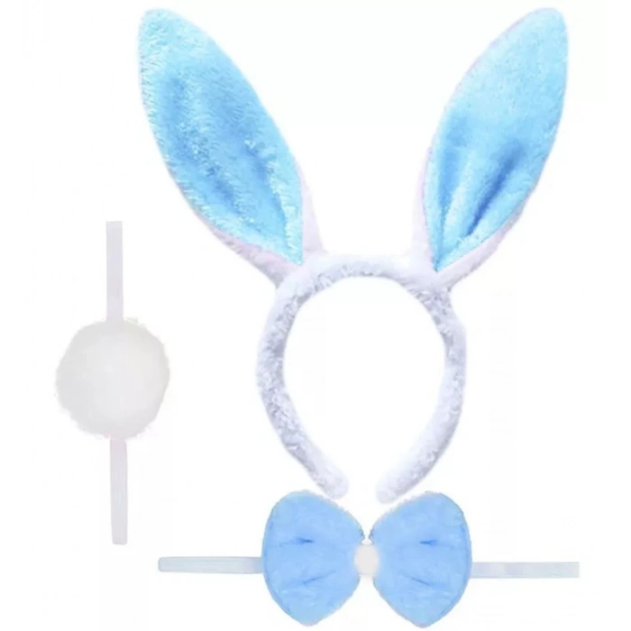 Tavşan Kostüm Seti Taç Papyon Ponpon Kuyruk Mavi