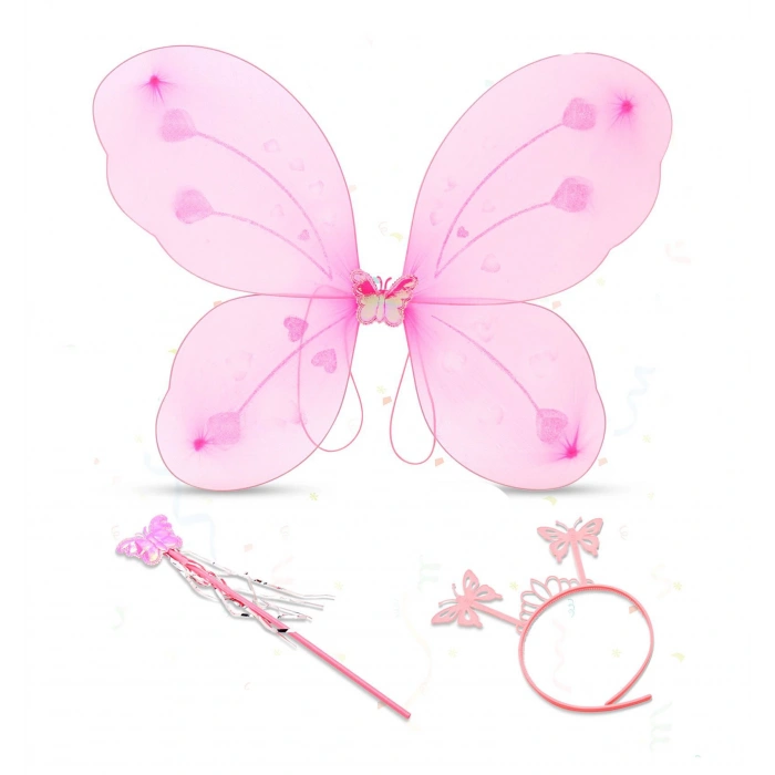 Pembe Kelebek Kız Seti – 50 cm Kelebek Kanadı, Taç ve Asa