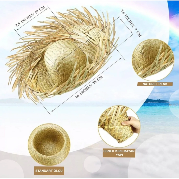 Tropikal Parti Naturel Hasır Hawaii Şapkası 13x36 cm