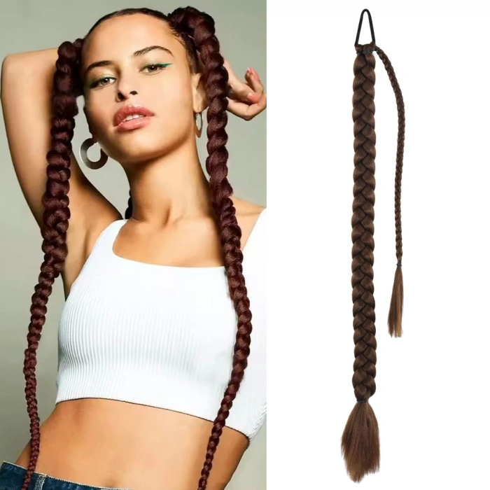 Üçlü Örgülü Tokalı Bağlamalı At Kuyruğu / Açık Kahve