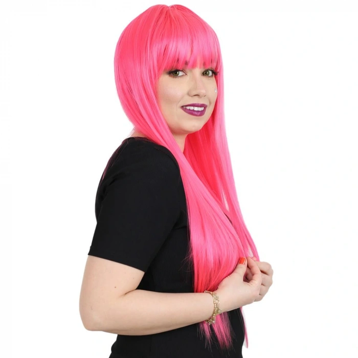 Uzun Kahküllü Fiber Sentetik Peruk / Neon Pembe