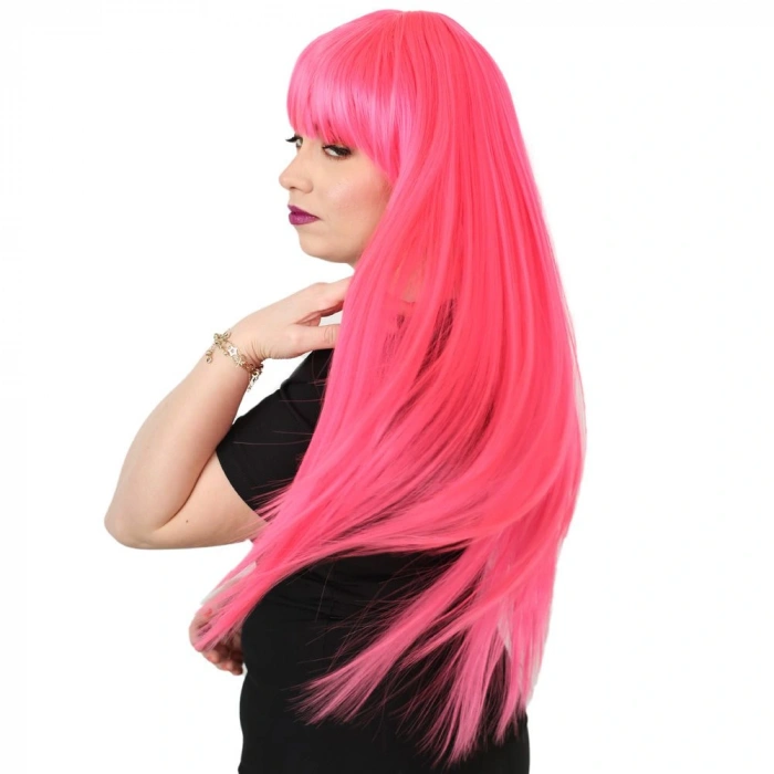 Uzun Kahküllü Fiber Sentetik Peruk / Neon Pembe