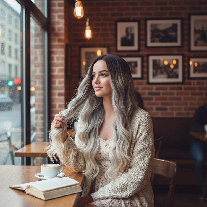 Uzun Su Dalgası Fiber Sentetik Peruk / Küllü Kumral / Beyaz Platin Ombre