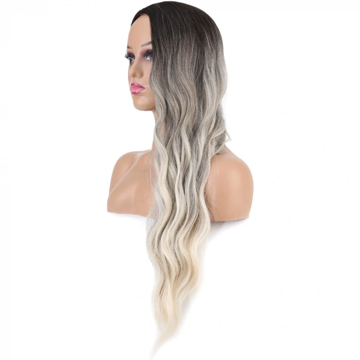 Uzun Su Dalgası Fiber Sentetik Peruk / Küllü Kumral / Beyaz Platin Ombre