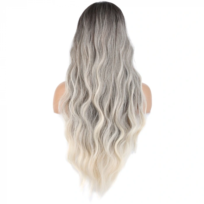 Uzun Su Dalgası Fiber Sentetik Peruk / Küllü Kumral / Beyaz Platin Ombre