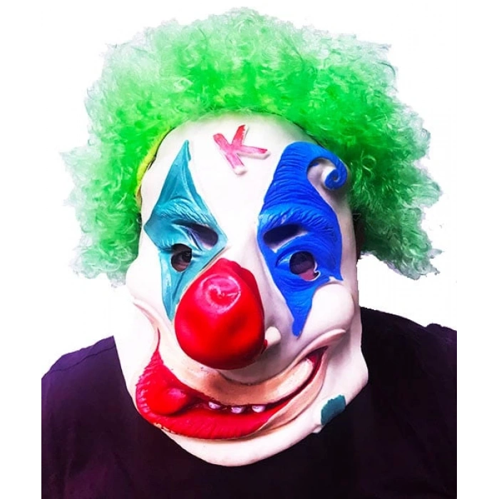 Yeşil Renk Afro Bonus Peruklu Palyaço Lateks Et Maske