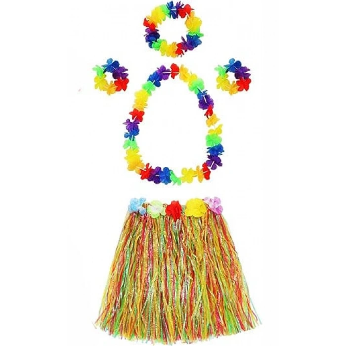 Yetişkin ve Çocuk Uyumlu Luau ha Hawaii  Kolye Renkli Etek Taç ve Bileklik Seti