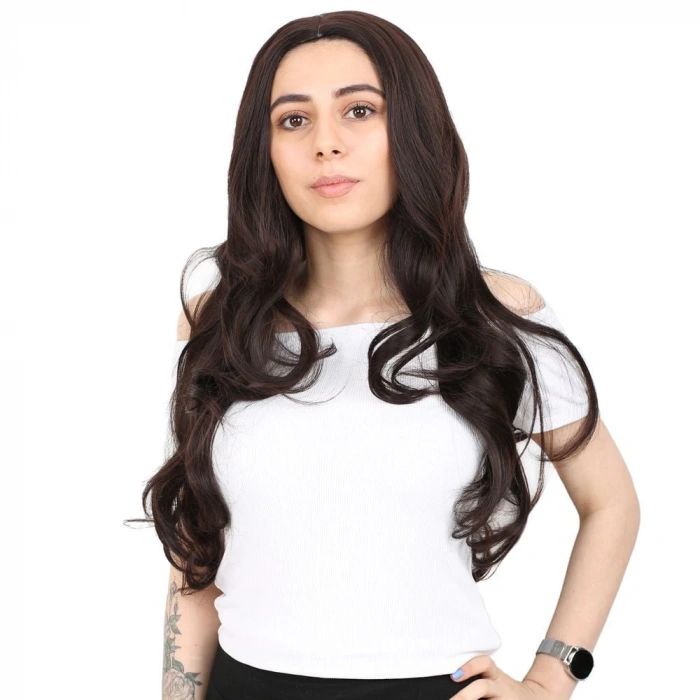 Yoğun Dalgalı Fiber Sentetik Uzun Perçemsiz Peruk/Koyu Kahve