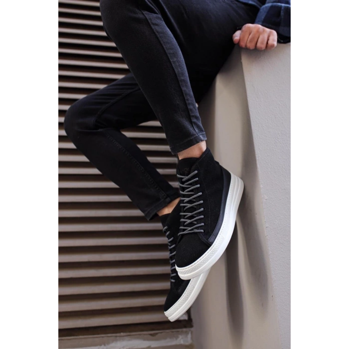 Yüksek Taban Ayakkabı C- Siyah Süet (Beyaz Taban)