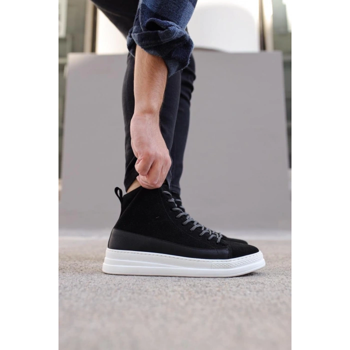 Yüksek Taban Ayakkabı C- Siyah Süet (Beyaz Taban)