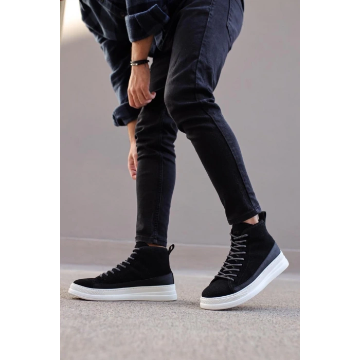 Yüksek Taban Ayakkabı C- Siyah Süet (Beyaz Taban)