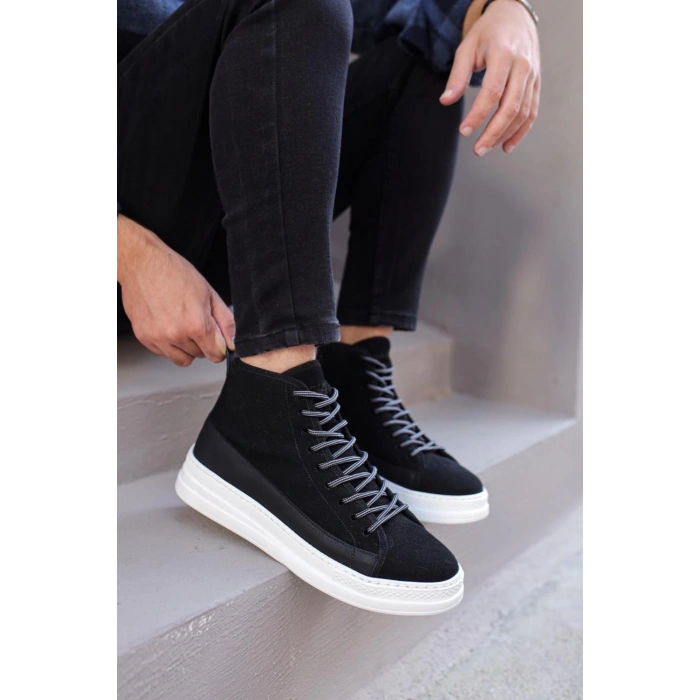 Yüksek Taban Ayakkabı C- Siyah Süet (Beyaz Taban)