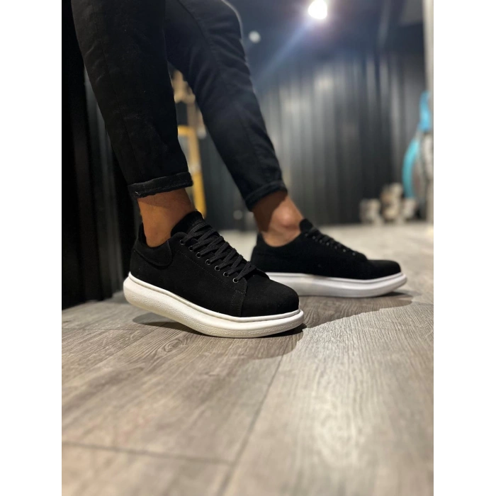 Yüksek Taban Günlük Ayakkabı  Siyah Süet (Beyaz Taban)