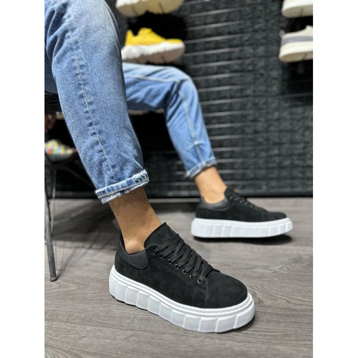 Yüksek Taban Günlük Süet Ayakkabı   Siyah (Beyaz Taban)